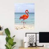Poster Beau Flamant rose rose sur la plage (Bureau à domicile)