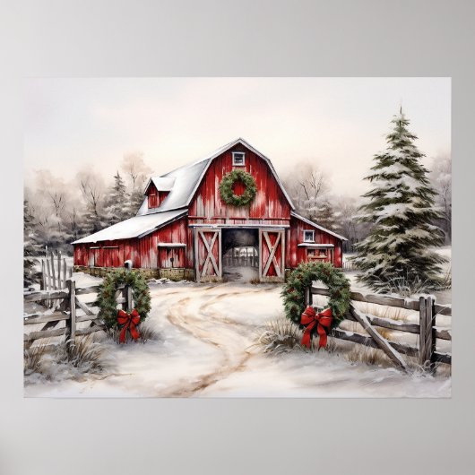 Poster Beau hiver neigeux Rustic Red Grange Noël (Devant)