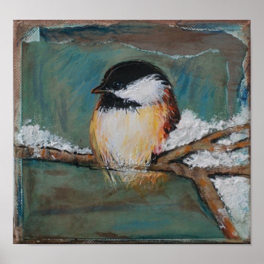 Poster Beau hiver noir calciné papier de chickadee (Devant)