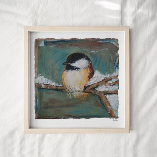 Poster Beau hiver noir calciné papier de chickadee