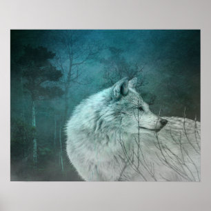 Poster Beau loup gris dans une forêt foncée