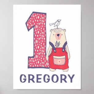 Poster Beau ours premier anniversaire avec nom