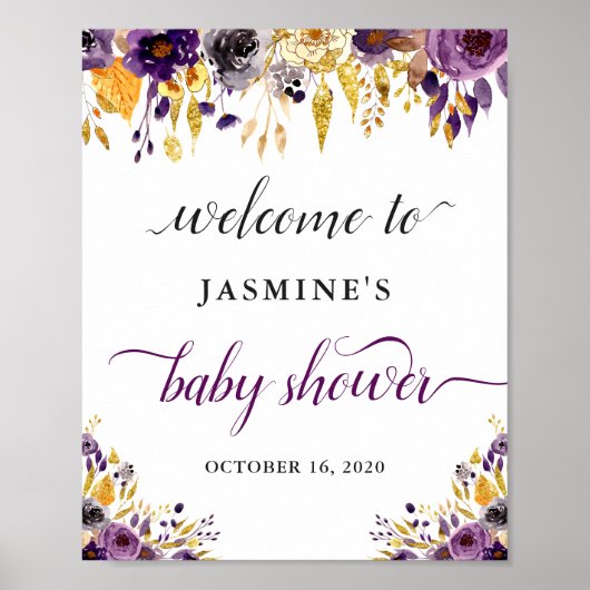Poster Beau panneau de Baby shower Floral d'or violet (Devant)