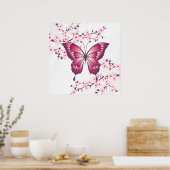 Poster Beau Papillon Rose Et Fleurs De Cerisiers (Cuisine)