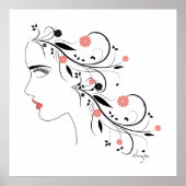 Poster Beau profil de femme avec fleurs et tourbillons (Devant)