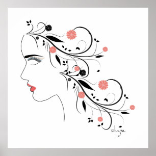 Poster Beau profil de femme avec fleurs et tourbillons