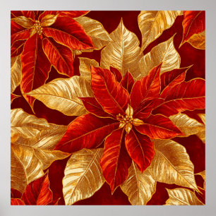Poster Beau Rouge Or Vintage Poinsettias Noël