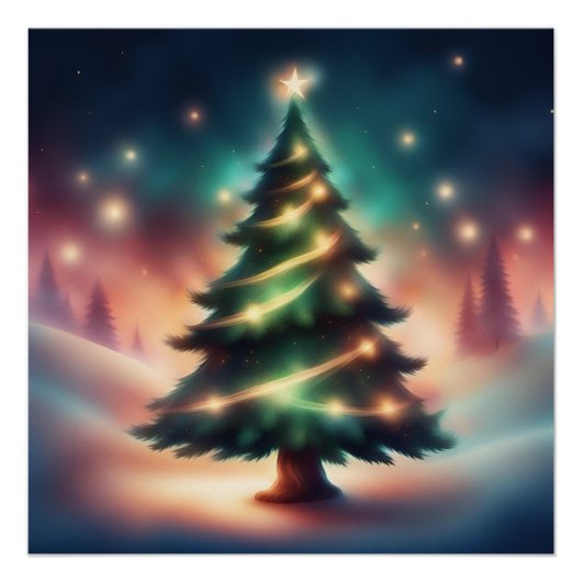 Poster Beau sapin de Noël dans la forêt d'hiver (Devant)