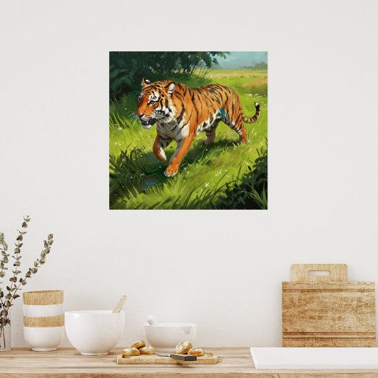 Poster Beau Tigre Orange Courir dans la Jungle (Cuisine)
