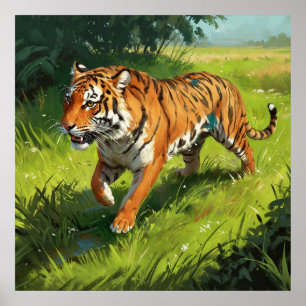 Poster Beau Tigre Orange Courir dans la Jungle