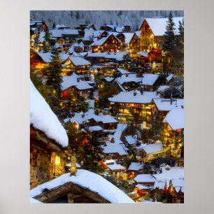 Poster Beau vieux village de montagne à Noël