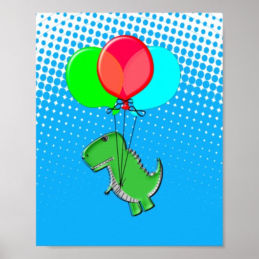 Poster Beau Vol T-Rex Avec Ballons Dans Ciel Bleu (Devant)