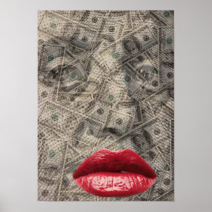 Poster Beauté de l'argent Dollar drôle avec lèvres rouges