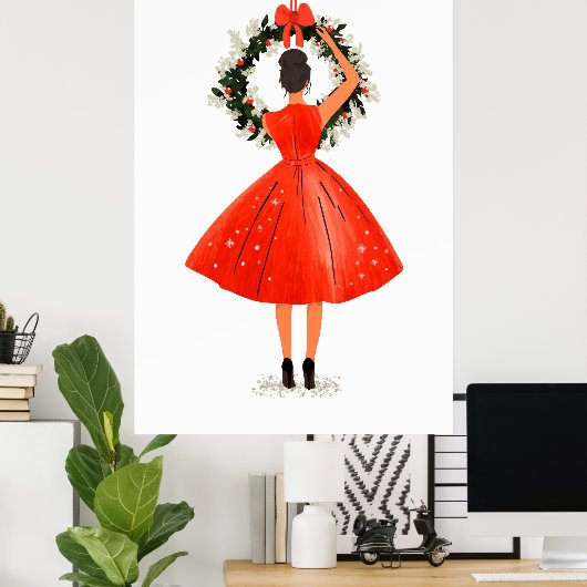 Poster Beauté de Noël classique en robe rouge (Bureau à domicile)
