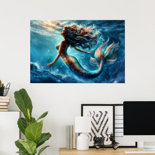 Poster Beauté de sirène aquatique éthérique en bleu profo (Bureau à domicile)