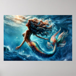 Poster Beauté de sirène aquatique éthérique en bleu profo
