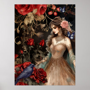 Poster Beauté foncée exquise Roses rouges et corbeau