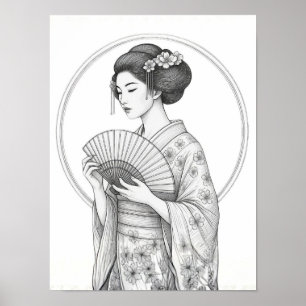 Poster Beauté japonaise avec éventail pliant