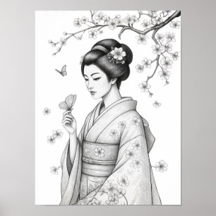 Poster Beauté japonaise avec papillons