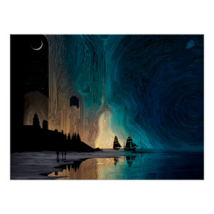 Poster Beauté & Terreur, navires, lune et aurores boréale