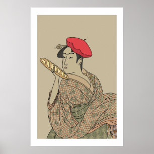 Poster Beauté Ukiyo-e avec béret français et baguette