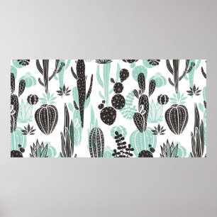 Poster Beautiful hand drawn cacti doodle seamless pattern