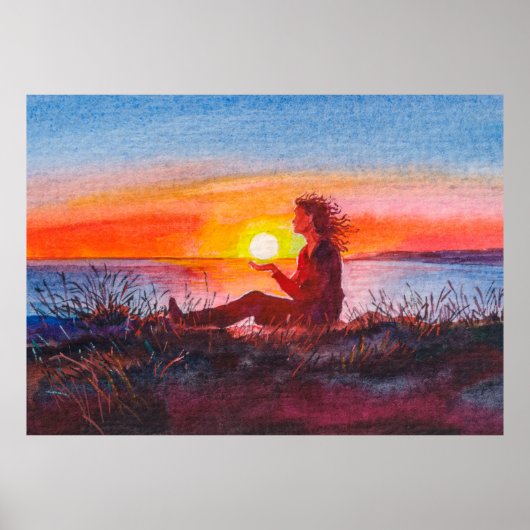 Poster Beautiful ocean sunset. Portrait of young woman as (Devant)