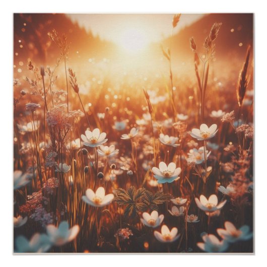 Poster Beautiful Sunrise Spring Meadow White Wildflowers (Devant)