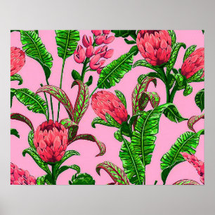 Poster Beaux Feuilles verts tropicaux aux fleurs rouges  