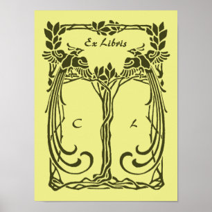 Poster Beaux paons Art nouveau, ajouter 2 initiales