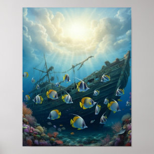 Poster Beaux poissons de récif avec une épave de navire