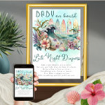 Poster Bébé à bord Surf tropical Diapeurs tard dans la nu<br><div class="desc">Le design exotique et floral "Baby on Board", sur le thème du surf tropical, est un modèle baby shower qui présente un thème neutre pour les hommes et les femmes, avec une touche tropicale. Le design dépeint un ensemble de planches de surf colorées avec l'océan et une vague éclatante au...</div>