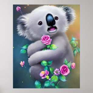 Poster Bébé adorable Ours Koala avec fleurs
