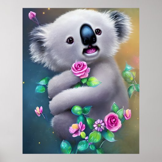 Poster Bébé adorable Ours Koala avec fleurs (Devant)