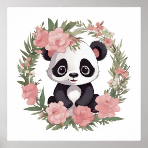 Poster Bébé adorable Panda Ours avec fleurs