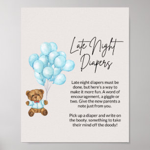 Poster Bébé Baby shower Ours Bleu Late Night Diapers