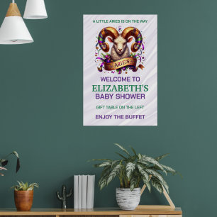 Poster Bébé Bélier Fête de Naissance Lavande et Vert