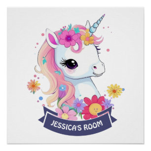Poster Bébé blanc adorable licorne avec fleurs