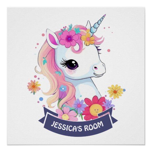 Poster Bébé blanc adorable licorne avec fleurs (Devant)