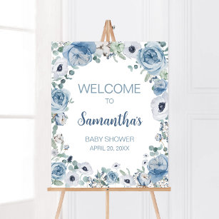 Poster Bébé bleu en fleur Baby shower Bienvenue