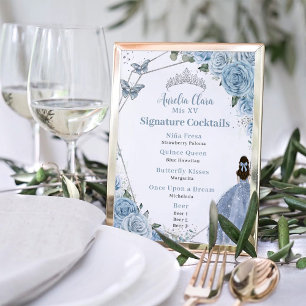 Poster Bébé Bleu Floral Argent Quinceañera Menu boisson