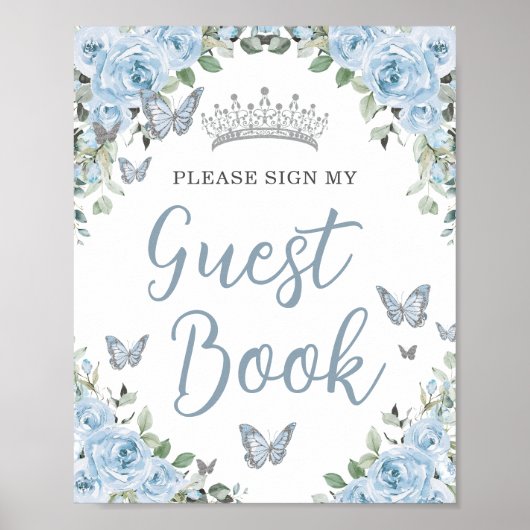Poster Bébé Bleu Floral Papillon Quinceañera Guest Book (Devant)