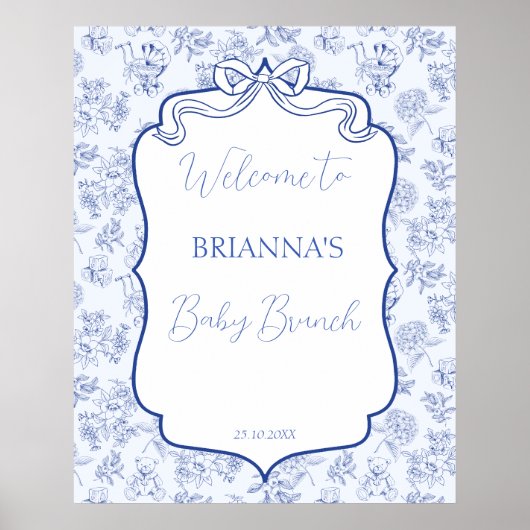 Poster Bébé brunch bleu toile ruban baby shower accueil (Devant)