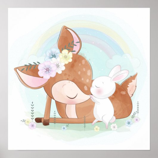 Poster Bébé cerf avec un bébé lapin (Devant)