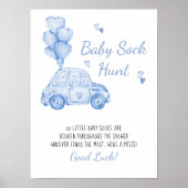 Poster Bébé Chasse Sock Bleu Voiture Ballons Baby shower (Devant)