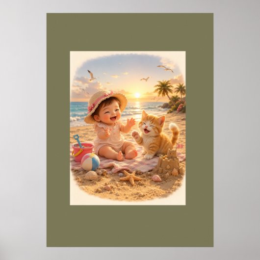 Poster Bébé de la plage et joie du château de sable du ch (Devant)