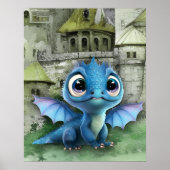 Poster Bébé Dragon Bleu Et Imaginaire Château Médiéval (Devant)