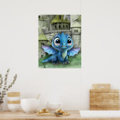 Poster Bébé Dragon Bleu Et Imaginaire Château Médiéval (Cuisine)