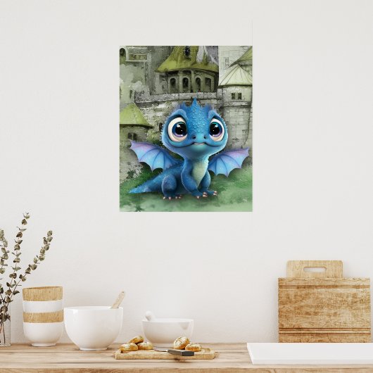 Poster Bébé Dragon Bleu Et Imaginaire Château Médiéval (Cuisine)