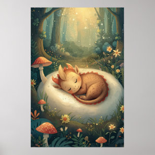 Poster Bébé Dragon Dormant Teint Doré Nurserie de la Forê